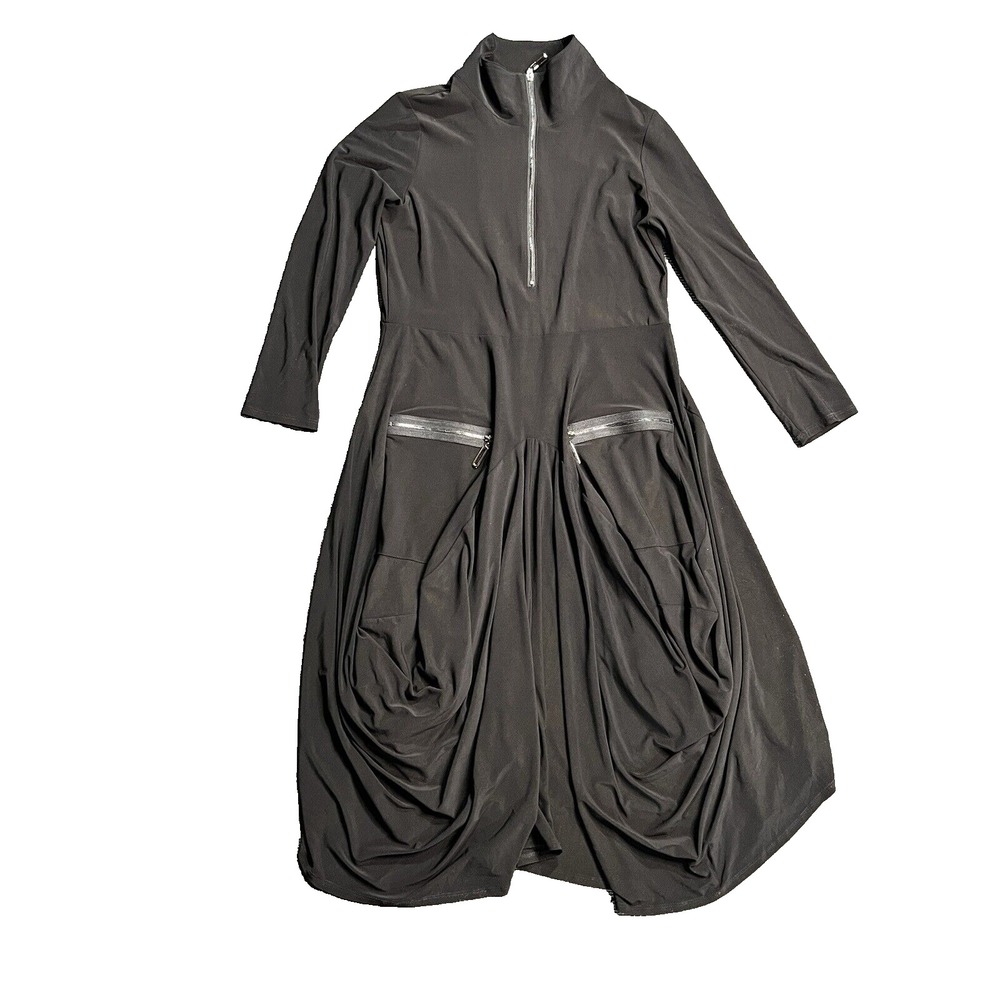 IC Collection Black Avant Garde Zip Front Ruched Bubble Hem Dress Sm Gold Specs